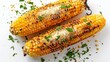 Artistic top shot of grilled corn, with a dusting of parmesan cheese, arranged neatly for advertising, clear isolated background
