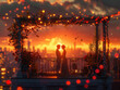 Couple embraces under lit arch on city rooftop at sunset, skyline in view.
