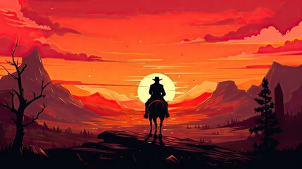 Silhouette of Cowboy riding horses at sunset