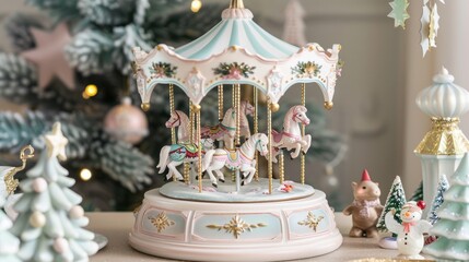 Wall Mural - Pastel Christmas Carousel: Create a festive carousel scene with soft pastel hues, featuring whimsical animals, cheerful music, and joyful holiday characters in a light and airy setting.