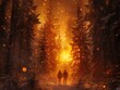 Couple walks through a snowy forest illuminated by a warm sunset glow
