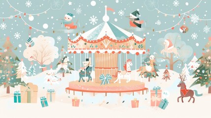 Wall Mural - Pastel Christmas Carousel: Design a whimsical holiday background with soft pastel hues, featuring a festive carousel, playful holiday characters, and joyful music in the air. 