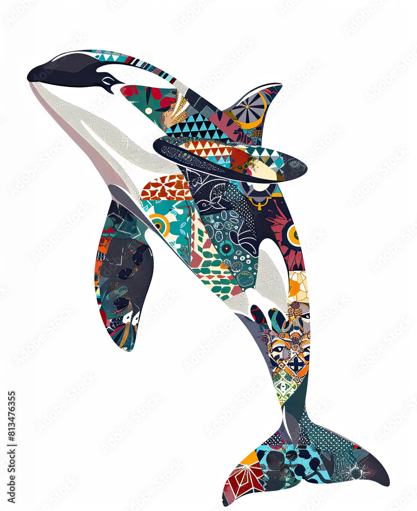Cute Orca with colorful patchwork geometric pattern and abstract ...