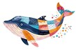Cute whale with colorful patchwork geometric pattern and abstract elements on white background for clothing design, textiles, posters, paintings, souvenirs, packaging, baby products, website
