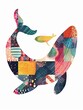 Cute whale with colorful patchwork geometric pattern and abstract elements on white background for clothing design, textiles, posters, paintings, souvenirs, packaging, baby products, website
