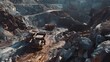 Mining magnetite iron ore in open pit loading into large dump trucks. Concept Mining Operations, Magnetite Extraction, Open-Pit Mining, Dump Trucks, Iron Ore Extraction