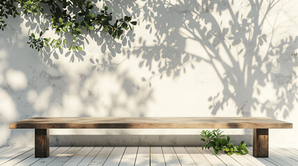 Wall Mural - Empty natural wood table standing near white wall with plants leaves and shadows outdoors with copy space