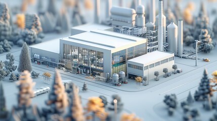 Aufkleber - Aerial view, white warehouse, on top is an industrial park with wind power plant, white background, 3D rendering. isometric. Generative AI.