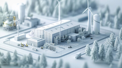 Aufkleber - Aerial view, white warehouse, on top is an industrial park with wind power plant, white background, 3D rendering. isometric. Generative AI.