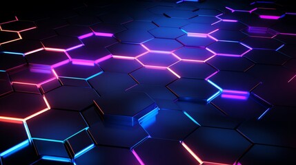 Poster - hexagon pattern, glowing neon lights, dark background, abstract geometric design