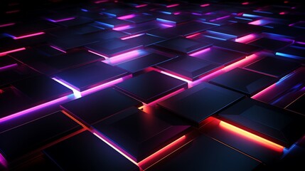 Poster - hexagon pattern, glowing neon lights, dark background, abstract geometric design