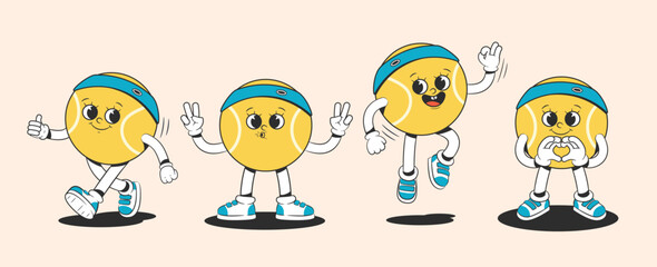 Wall Mural - Cartoon groovy tennis ball character in groovy style in different poses. Characters from the 30s. Funny colorful illustration in hippie style.