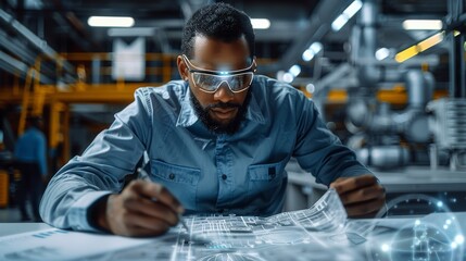 Poster - A diverse professional engineer sitting at a table with drawings, using augmented reality on a mobile device to display digital twin engineering of an HVAC system. Generative AI.