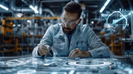 Poster - A diverse professional engineer sitting at a table with drawings, using augmented reality on a mobile device to display digital twin engineering of an HVAC system. Generative AI.