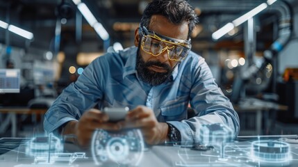 Poster - A diverse professional engineer sitting at a table with drawings, using augmented reality on a mobile device to display digital twin engineering of an HVAC system. Generative AI.
