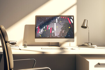 Poster - Abstract creative financial graph with world map on modern laptop screen, forex and investment concept. 3D Rendering