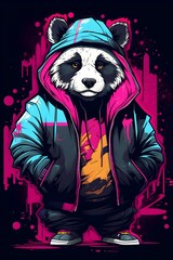 Wall Mural - Streetwise Panda Character in Retro 90s Synthwave Inspired Varsity Jacket Beanie and Graphic Tee Showcasing Rebellious Urban Style