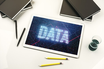 Aufkleber - Creative Data word hologram on modern digital tablet screen, big data and blockchain concept. Top view. 3D Rendering