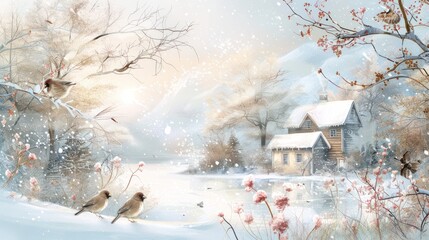Wall Mural - Pastel Winter Serenade:  a serene winter scene with soft pastel tones, featuring delicate snowfall, cozy cottages, and peaceful woodland creatures in a light and airy setting.