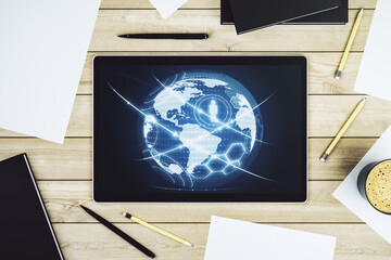 Poster - Social network concept with world map on modern digital tablet screen. Top view. 3D Rendering
