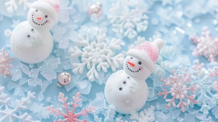 Wall Mural - Pastel Winter Wonderland:  a whimsical winter wonderland background with soft pastel hues, showcasing sparkling snowflakes, friendly snowmen, and a touch of holiday magic