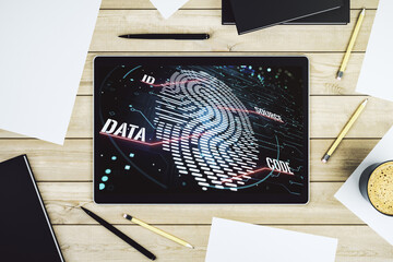 Poster - Modern digital tablet monitor with abstract fingerprint scan interface, digital access concept. Top view. 3D Rendering