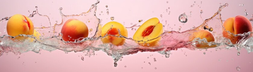 Wall Mural - Peaches in motion with water splash, healthy food concept, isolated on pink background