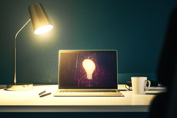 Aufkleber - Creative light bulb hologram on modern laptop monitor, idea concept. 3D Rendering