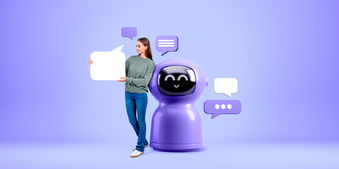 Poster - Woman showing mock up speech bubble, standing near smiling robot