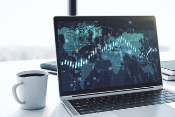 Poster - Modern computer screen with abstract creative financial chart with world map, research and analytics concept. 3D Rendering