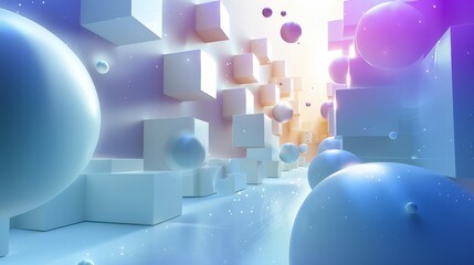 Leinwandbilder - An abstract background of the shapes of spheres in the composition and floating cube or rectangular boxes around the screen to create a 3D effect. Generative AI.
