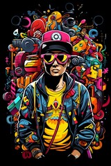 Wall Mural - Stylish Streetwear Influencer Posing against Vibrant Psychedelic Graffiti Art on Black Background