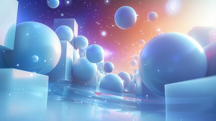 Leinwandbilder - An abstract background of the shapes of spheres in the composition and floating cube or rectangular boxes around the screen to create a 3D effect. Generative AI.