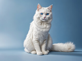 Poster - White cat with blue eyes sits on blue surface.