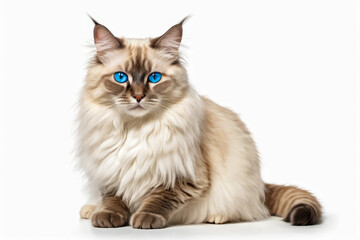 Sticker - White cat with long hair and blue eyes sits on white background.