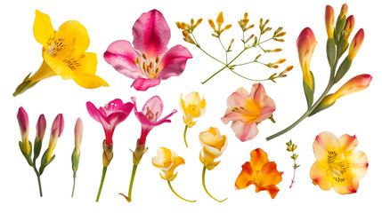 Set of freesia elements including freesia flowers, buds, petals, and leaves,