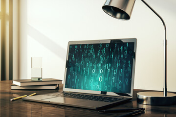 Aufkleber - Creative abstract binary code hologram on modern computer monitor, AI and machine learning concept. 3D Rendering