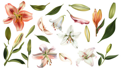 Wall Mural - Set of lily elements including lily flowers, buds, petals, and leaves