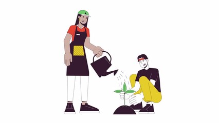 Poster - Multicultural friends gardening line 2D characters animation. Nature care activity flat color cartoon 4K video, alpha channel. Diverse volunteers planting tree animated people on white background