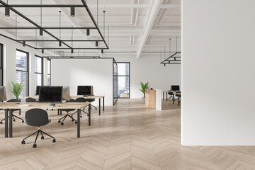 Wall Mural - White coworking interior with pc monitors on tables in row, window. Mockup wall