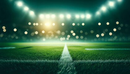 Nighttime Soccer Field Illuminated With Stadium Lights and Lush Green Grass