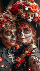 A guy and lady attended a Halloween party dressed in eerie costumes and make-up. Dia de Muertos