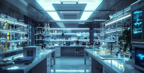 Aufkleber - Cool fluorescent biology lab, all kinds of instruments, clean, experiments, futuristic, cozy. Generative AI.