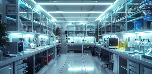 Aufkleber - Cool fluorescent biology lab, all kinds of instruments, clean, experiments, futuristic, cozy. Generative AI.