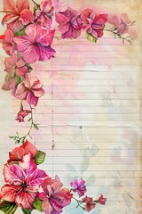 Canvas Print - watercolor frame border bougainvilla on a lined note background digital junk journal