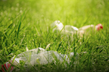 used plastic bottles lying on the green grass, nature pollution