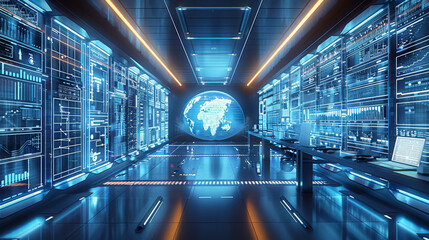 Leinwandbilder - Future Technology office, A futuristic office with holographic displays , surrounded by digital data streams. connected to various devices like laptops and tablets. Generative AI.