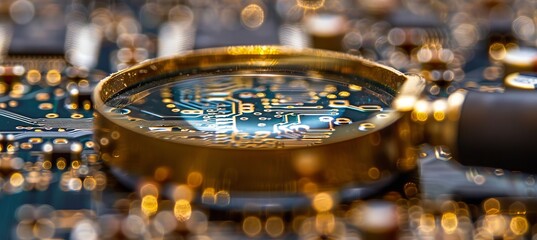 Poster - Macro view of computer microchips examined with magnifying glass, copy space available