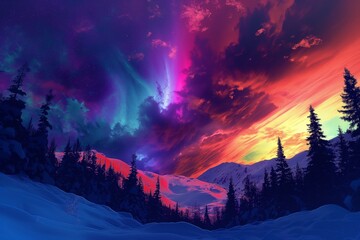 Wall Mural - Aurora borealis illuminates a snowy landscape with forest and hill, AI-generated.