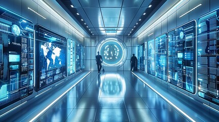 Leinwandbilder - Future Technology office, A futuristic office with holographic displays , surrounded by digital data streams. connected to various devices like laptops and tablets. Generative AI.